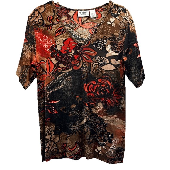 Chico's Tops - Chicos Travelers Women's Top Size Medium Colorful Orange‎ Black Artsy Stretch